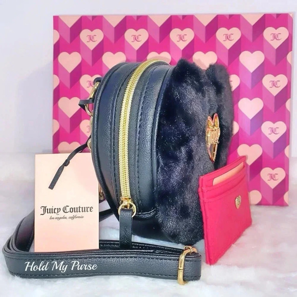 Juicy Couture Faux Fur Black Heart Crossbody Bag & Pink Card Case Wallet Set - Picture 7 of 11